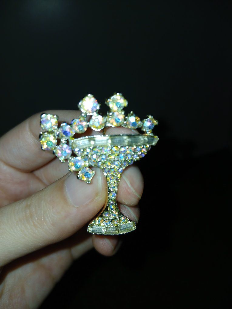 Rhinestone Chalice or Goblet Brooch with Aurora Borealis Crystals