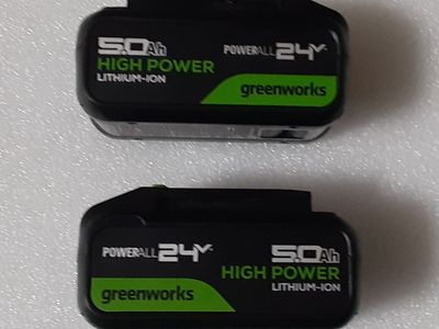 New Greenworks 24V 5.0Ah Lithium-Ion High-Power Batteries - Pack of 2 - and Double Port Charger - Upgraded with 35% Power Boost