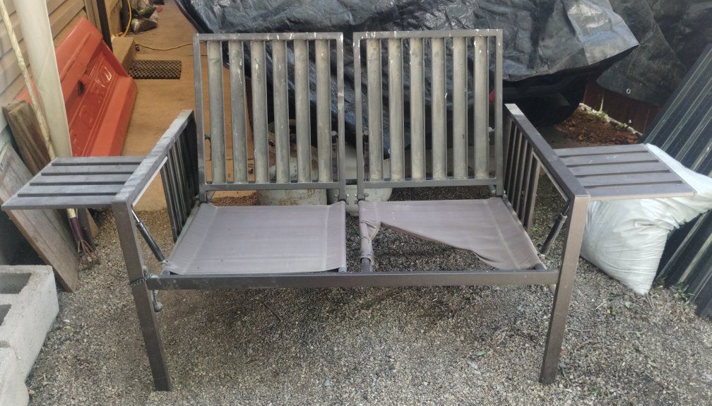 Outdoor 4' Metal Loveseat with Reclining Back Rest and Side Retractable Tables