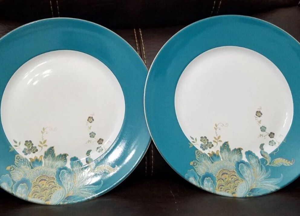 Two 222 Fifth Fine China Dinner Plates, Eliza Teal