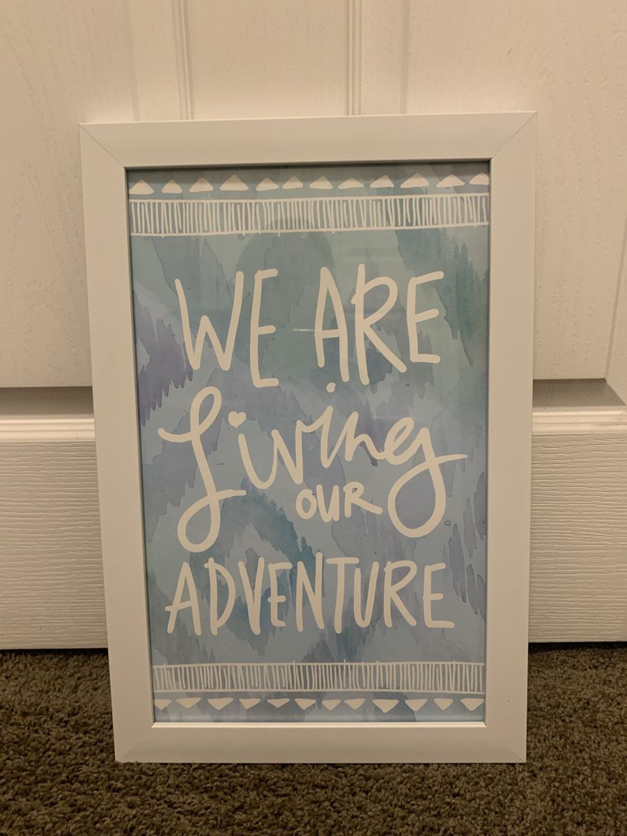 Framed Wall Art Sign "We Are Living Our Adventure" Blue Watercolor