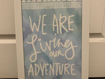Framed Wall Art Sign "We Are Living Our Adventure" Blue Watercolor