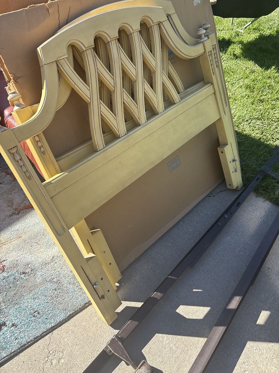 Pair of Twin Size Wood Headboards with Metal Bed Frame - Vintage Style, Light Yellow
