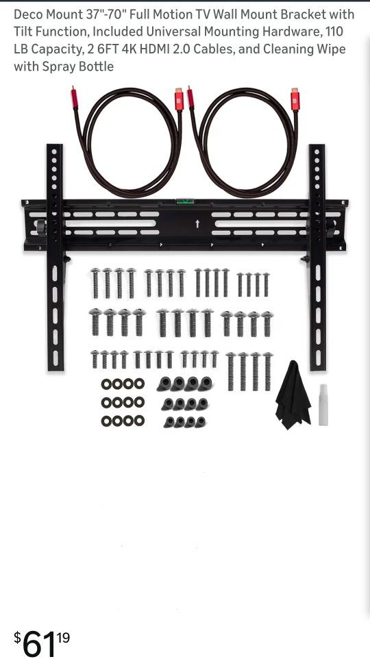 Deco Mount 37"-70" Full Motion TV Wall Mount Bracket with Tilt Function, Included Universal Mounting Hardware, 110 LB Capacity