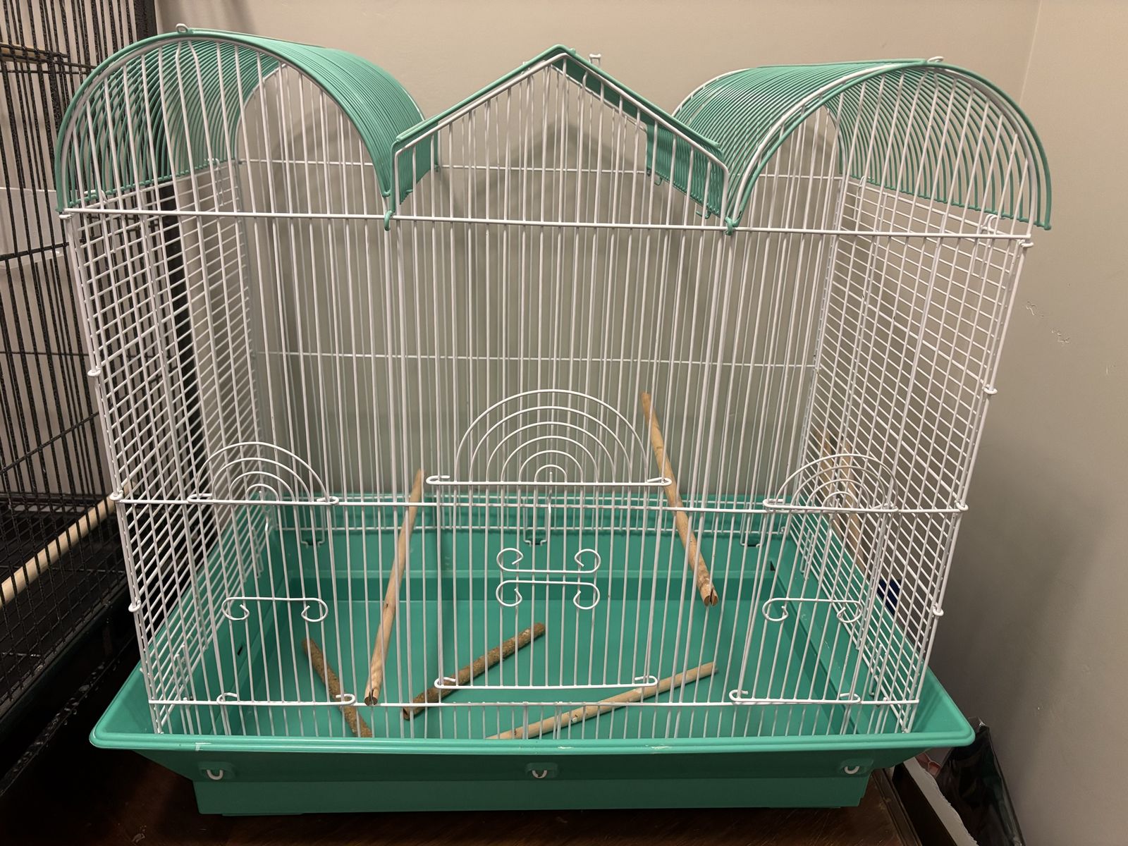 Teal and White Wire Bird Cage with Perches