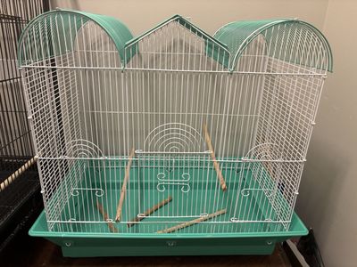 Teal and White Wire Bird Cage with Perches