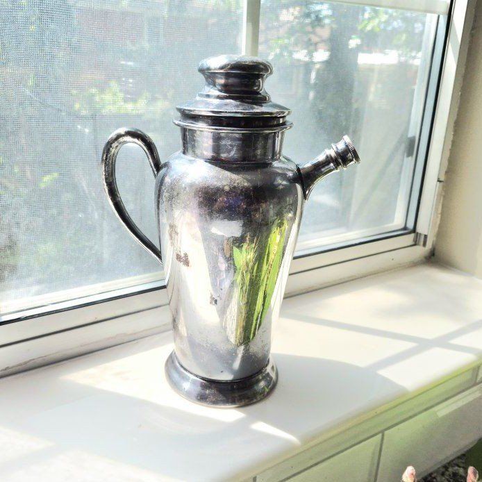 Vintage Silver Plated Cocktail Shaker Antique Barware with Handle & Spout