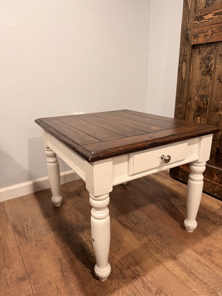 2 Rustic Farmhouse Coffee/ bedside hardwood table with Dark Wood Top and White Turned Legs