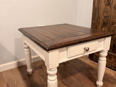 2 Rustic Farmhouse Coffee/ bedside hardwood table with Dark Wood Top and White Turned Legs
