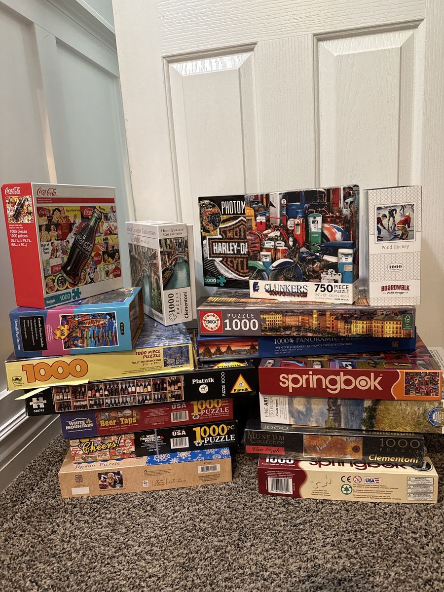 17 Assorted Jigsaw Puzzles - 1000 & 750 Piece, Coca-Cola, Harley-Davidson, Art, Landscapes
