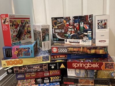 17 Assorted Jigsaw Puzzles - 1000 & 750 Piece, Coca-Cola, Harley-Davidson, Art, Landscapes
