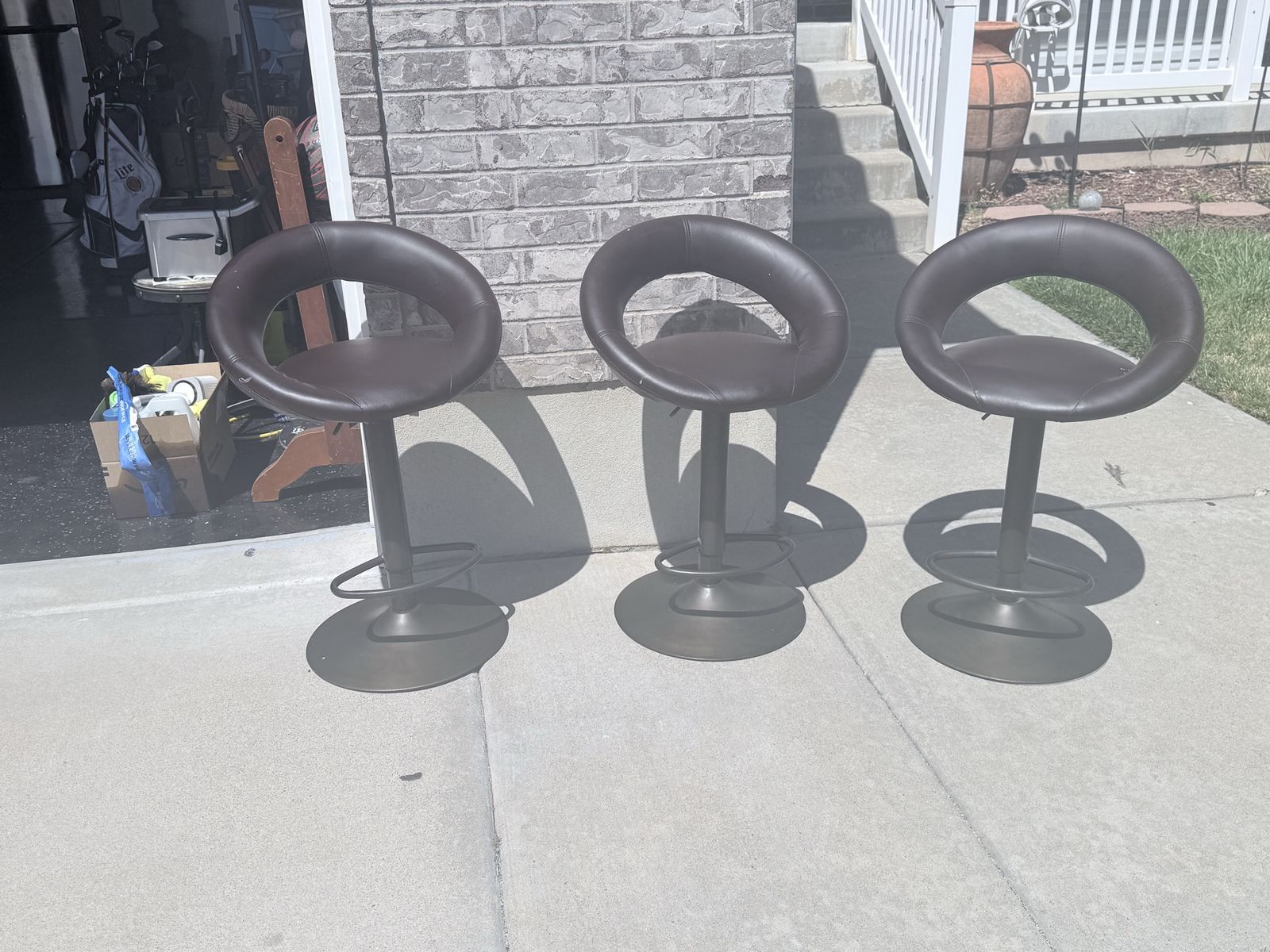 Set of 3 Brown Faux Leather Adjustable Bar Stools with Round Back