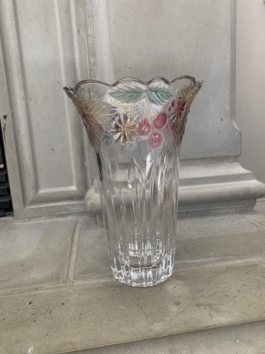 Vintage Crystal Glass Flower Vase with Frosted & Hand Painted Floral Berry Rim 10"