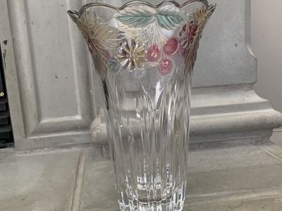 Vintage Crystal Glass Flower Vase with Frosted & Hand Painted Floral Berry Rim 10"