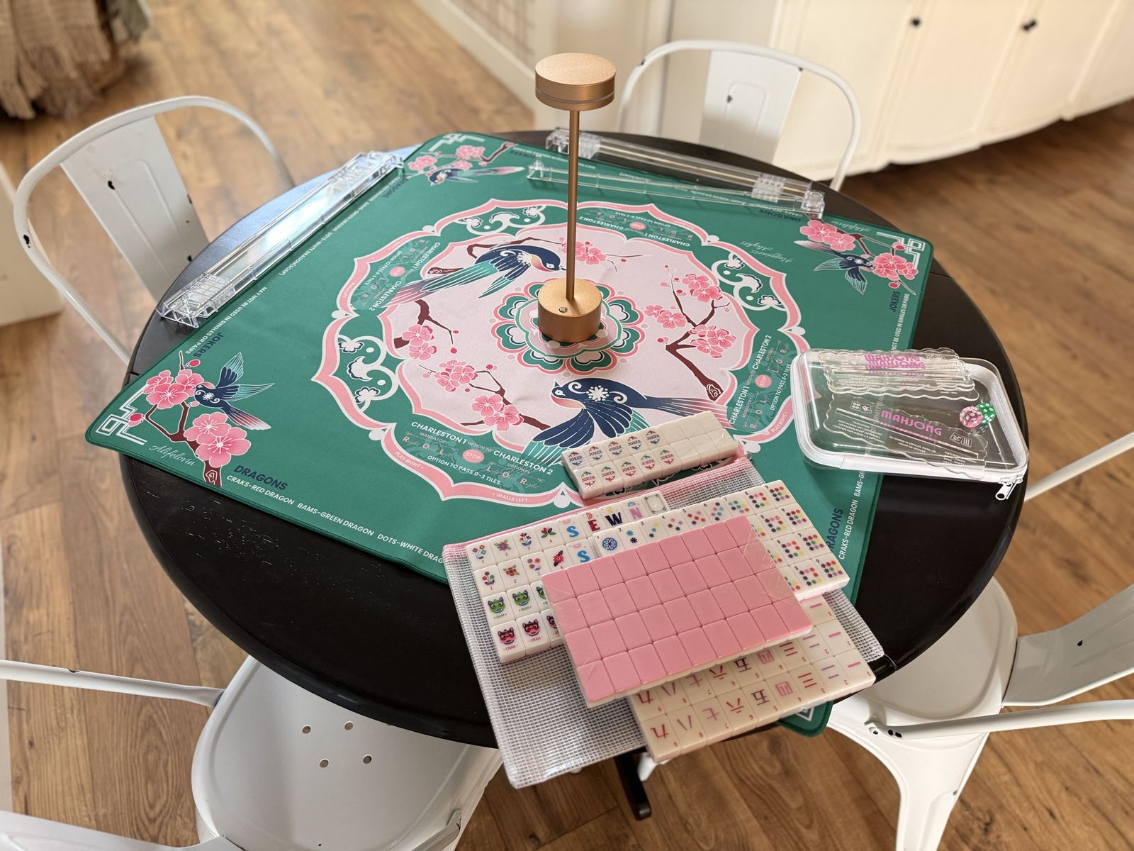  New Mahjong Game Set with Complete with Neoprene Mat, Engraved Tiles, Racks w/pushers, and Accessories