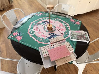 New Mahjong Game Set with Complete with Neoprene Mat, Engraved Tiles, Racks w/pushers, and Accessories