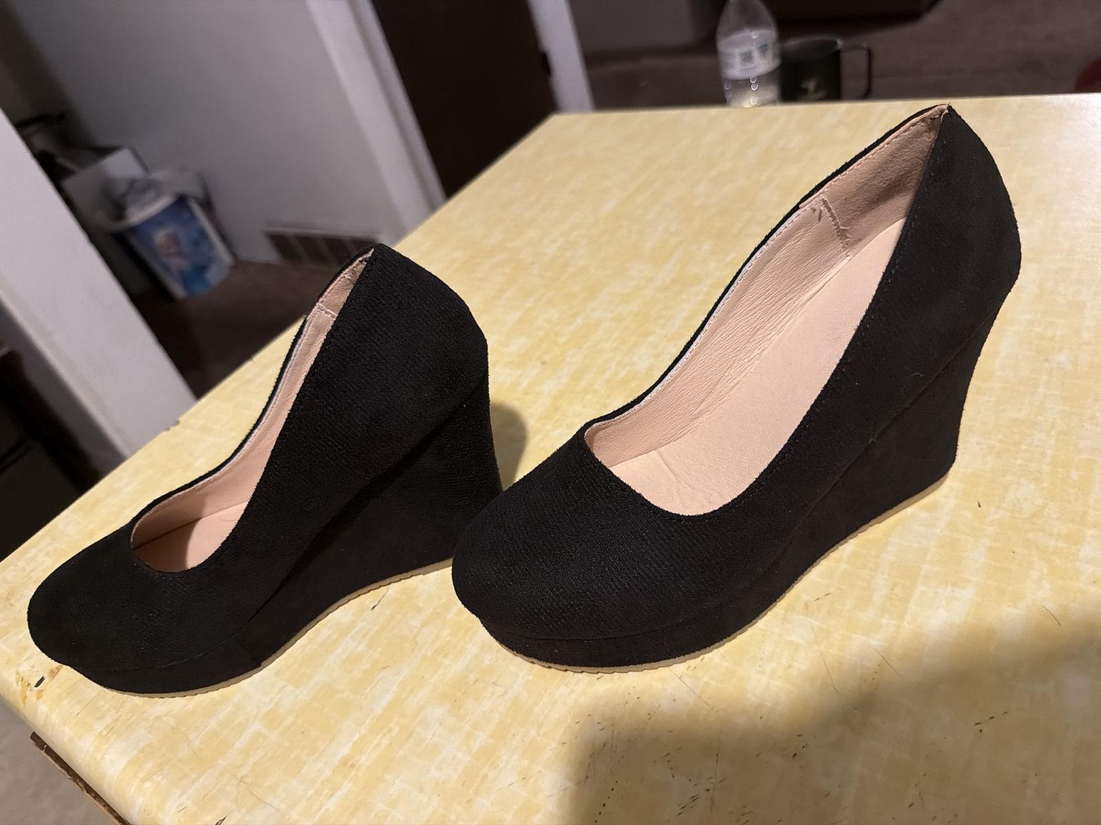 Shein Black Suede Wedge Platform Heels Pumps Size 7.5