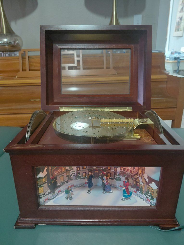 Vintage Wooden Disc Music Box with Animated Ice Skating Winter Scene