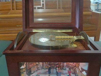 Vintage Wooden Disc Music Box with Animated Ice Skating Winter Scene