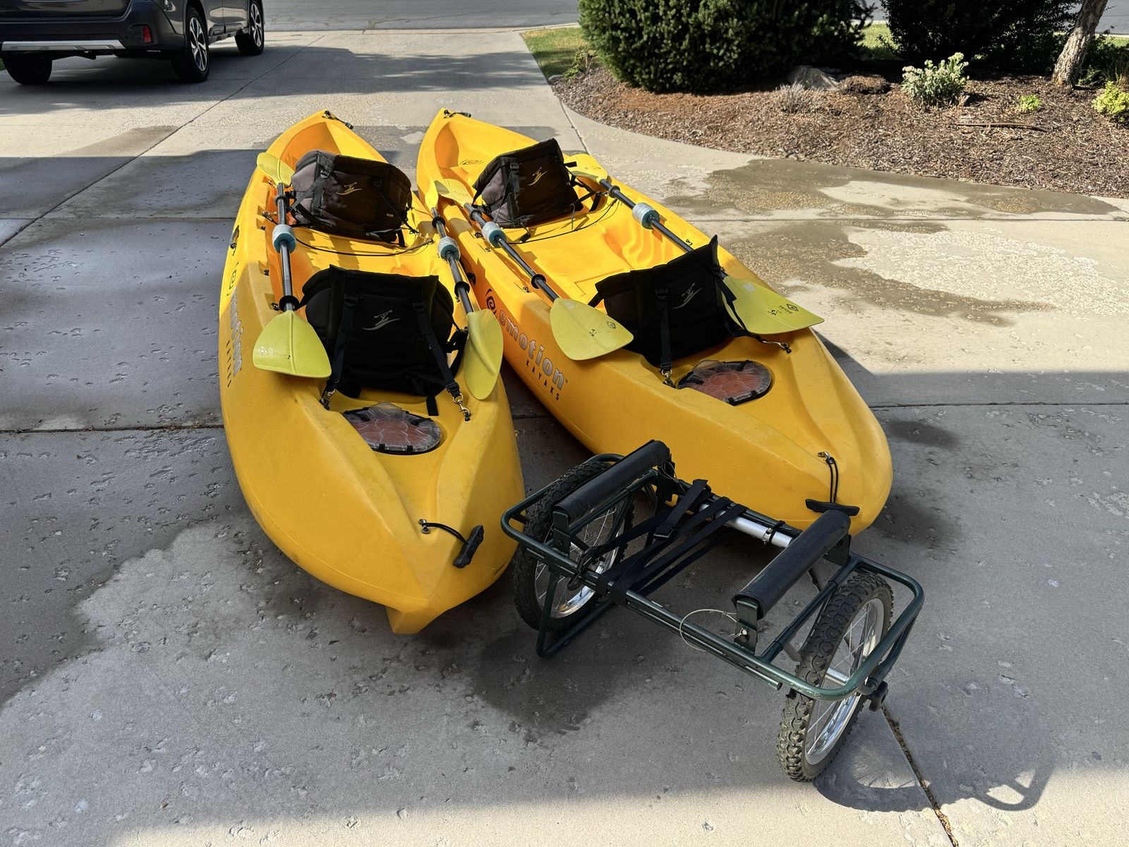 2 or 3 person Kayaks- Lifetime Emotion Tandemonium 12ft Kayaks and Kayak Cart