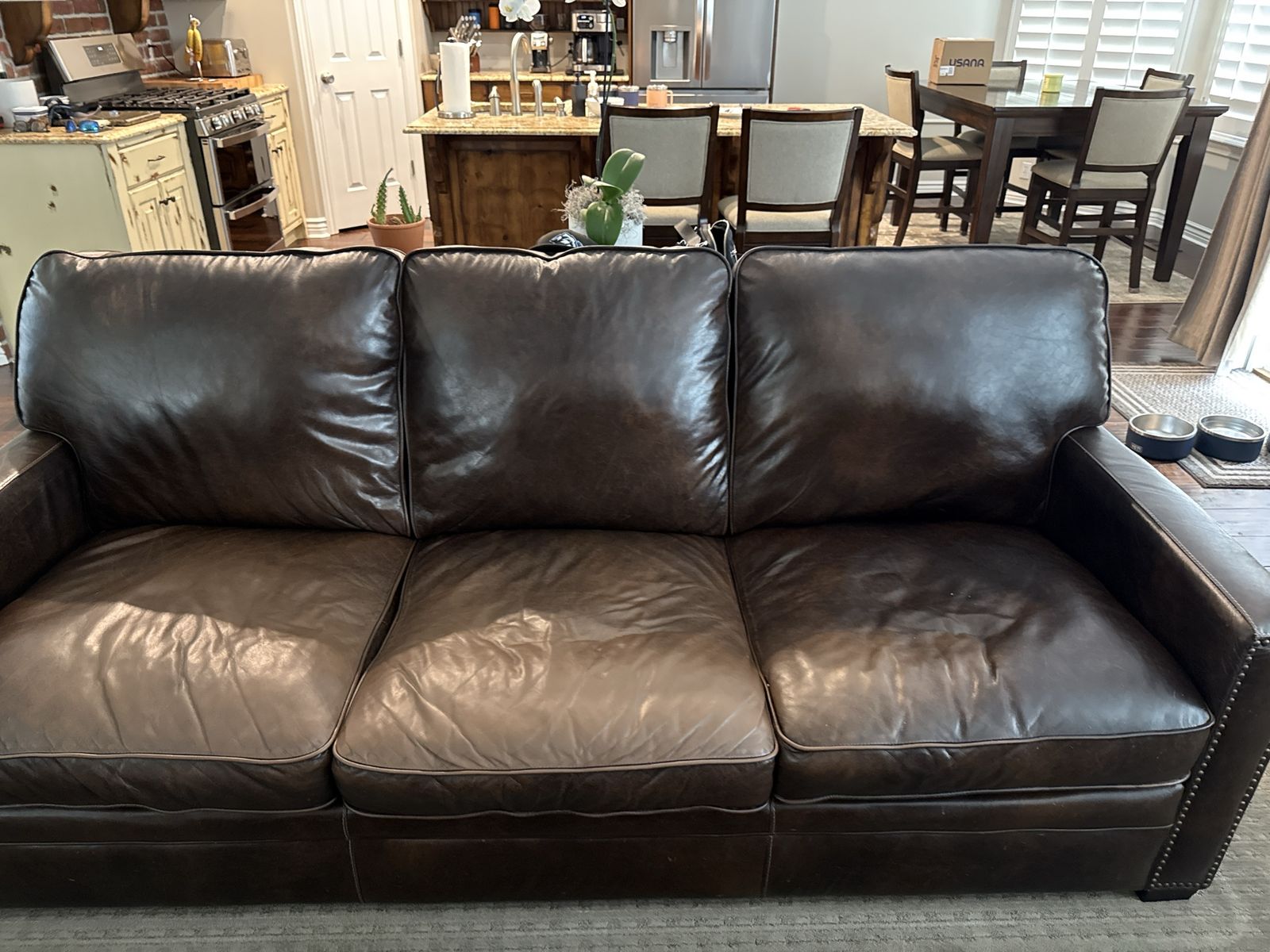 5 Piece Dark Brown Leather Couch Set; Couch, Love Seat and Armchair with Matching Ottoman
