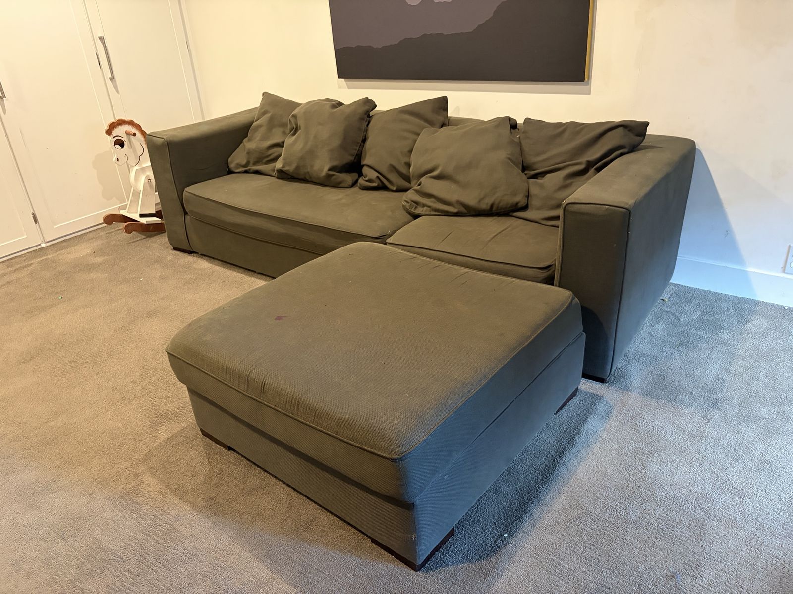 Olive Green West Elm Sofa with Matching Ottoman