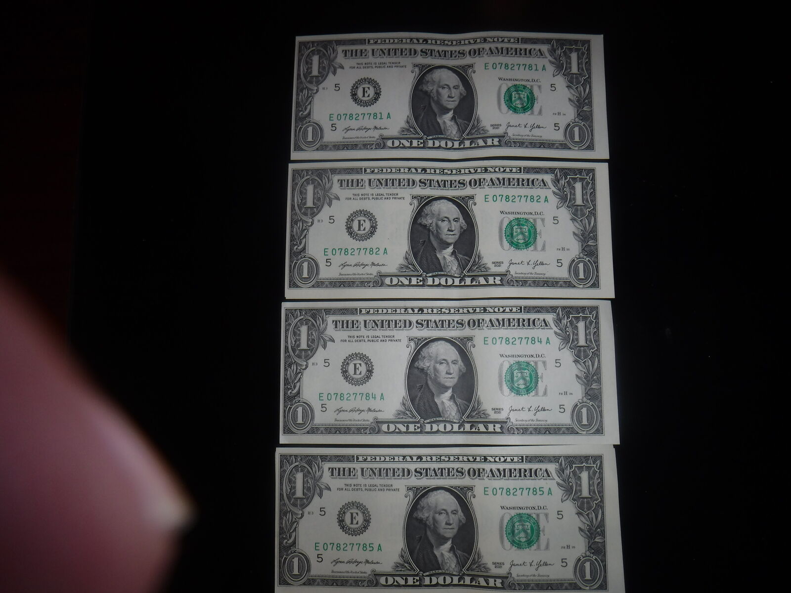 4 Miscut One Dollar Bills in Sequence