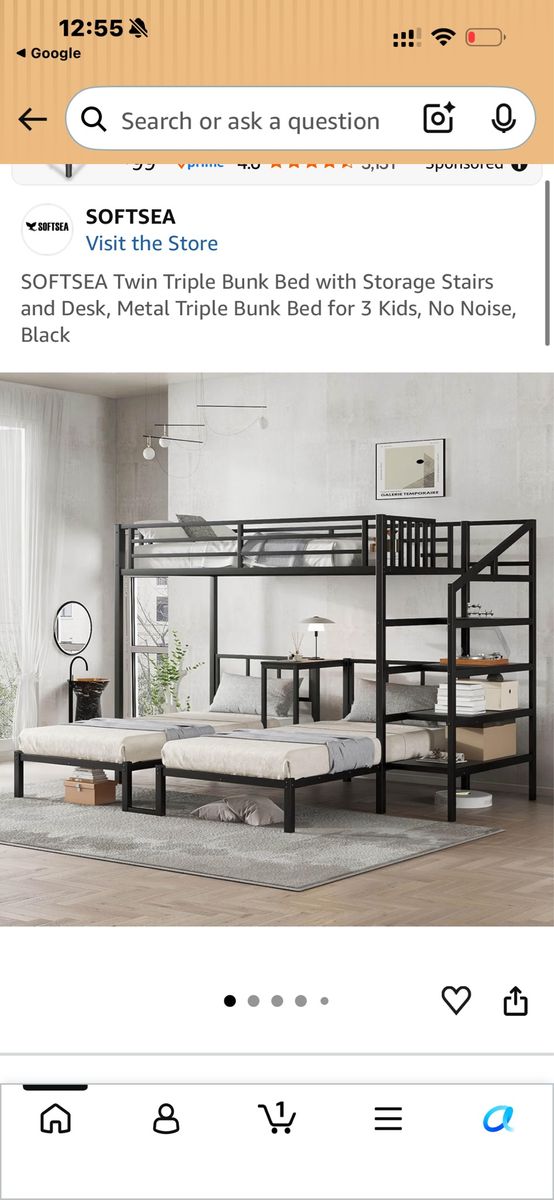SOFTSEA Twin Triple Bunk Bed with Storage Stairs & Desk - Metal, Black, No Noise Design for 3 Kids