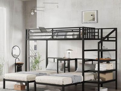 SOFTSEA Twin Triple Bunk Bed with Storage Stairs & Desk - Metal, Black, No Noise Design for 3 Kids