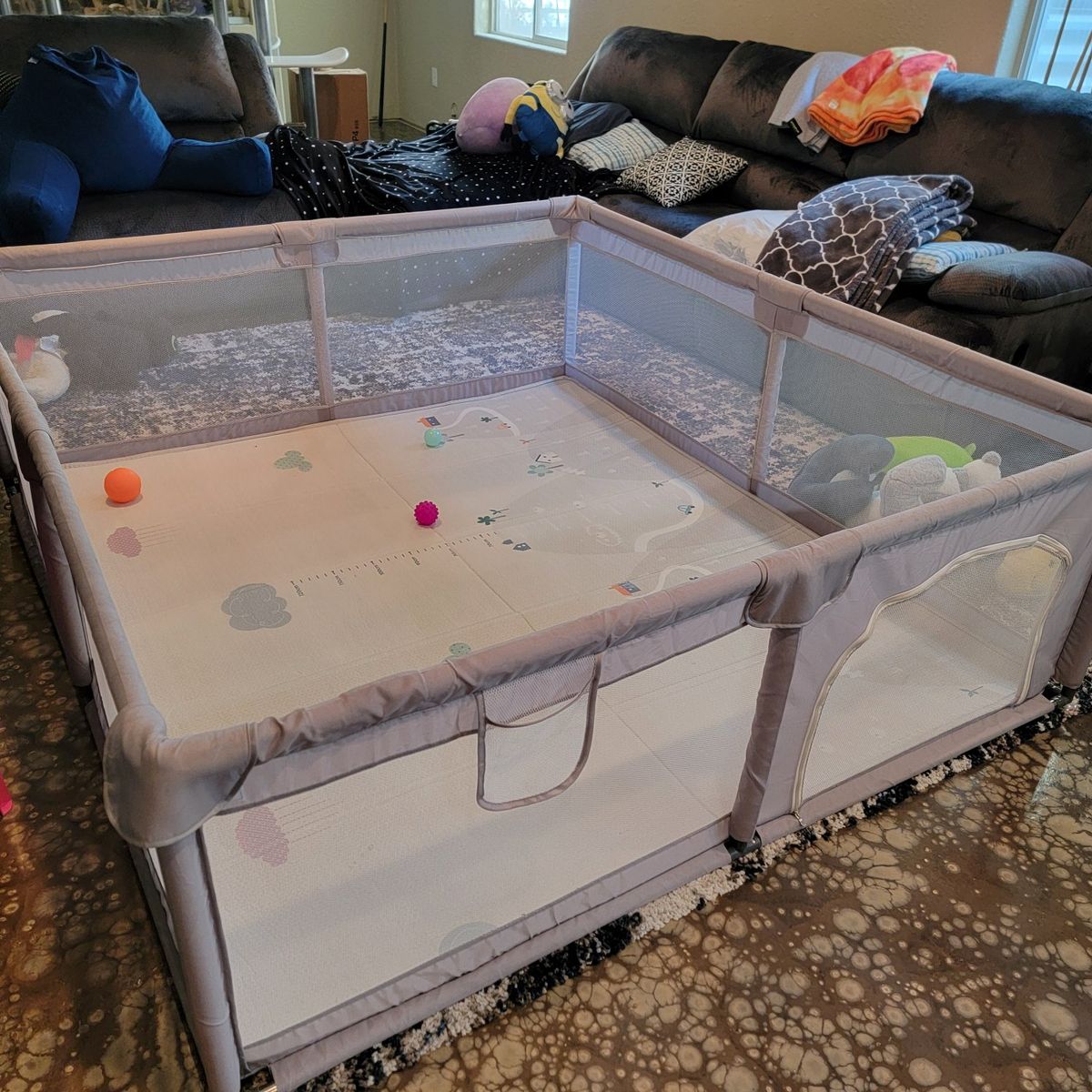 Large Gray Baby Playpen with Mat - Secure & Spacious Infant Activity Center