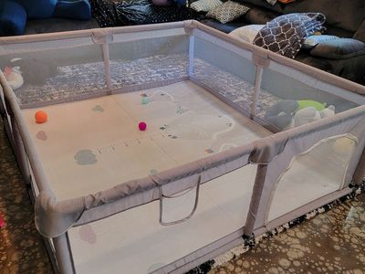 Large Gray Baby Playpen with Mat - Secure & Spacious Infant Activity Center