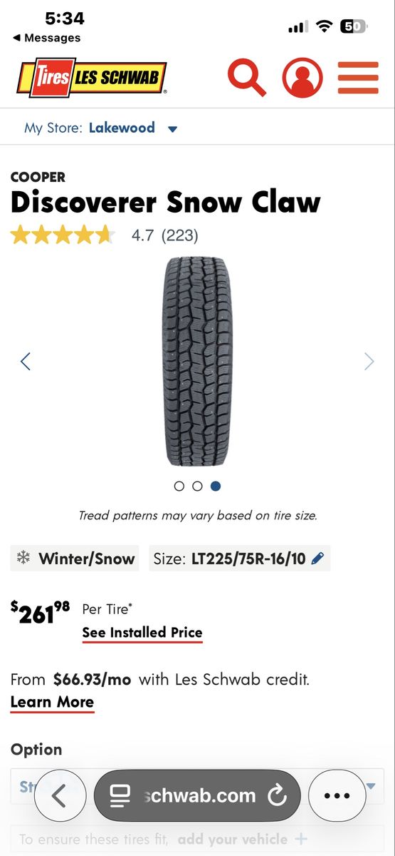 Cooper Discoverer Snow Claw LT225/75R-16/10 Winter/Snow Tires - New, Spiked