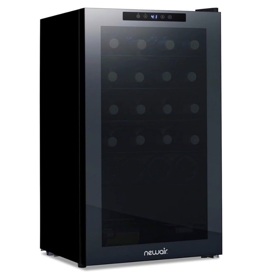 NewAir 33-Bottle Wine Cooler Refrigerator, Thermoelectric, Black with silvery front. Open Box