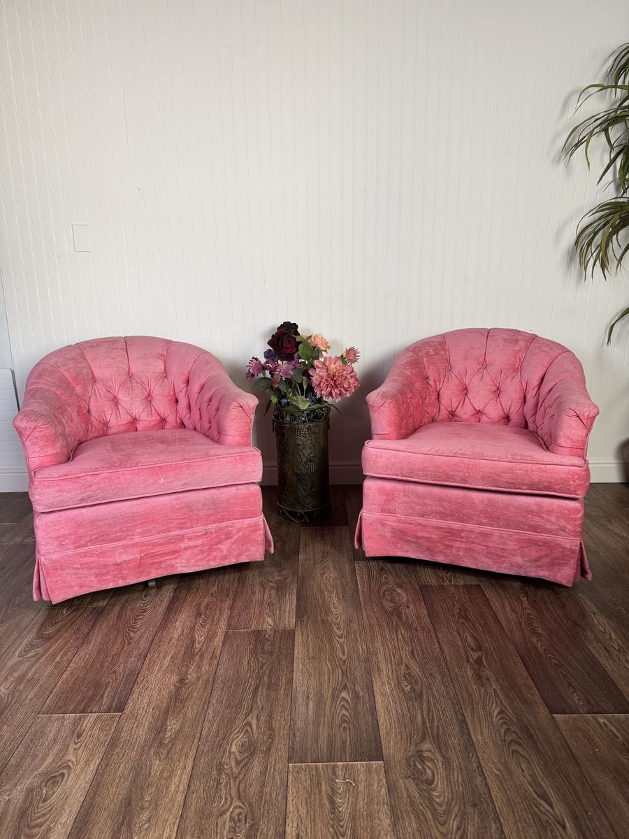 Vintage Pink Velvet Tufted Rocker Barrel Chairs