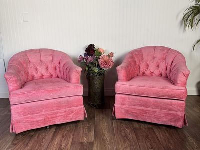 Vintage Pink Velvet Tufted Rocker Barrel Chairs