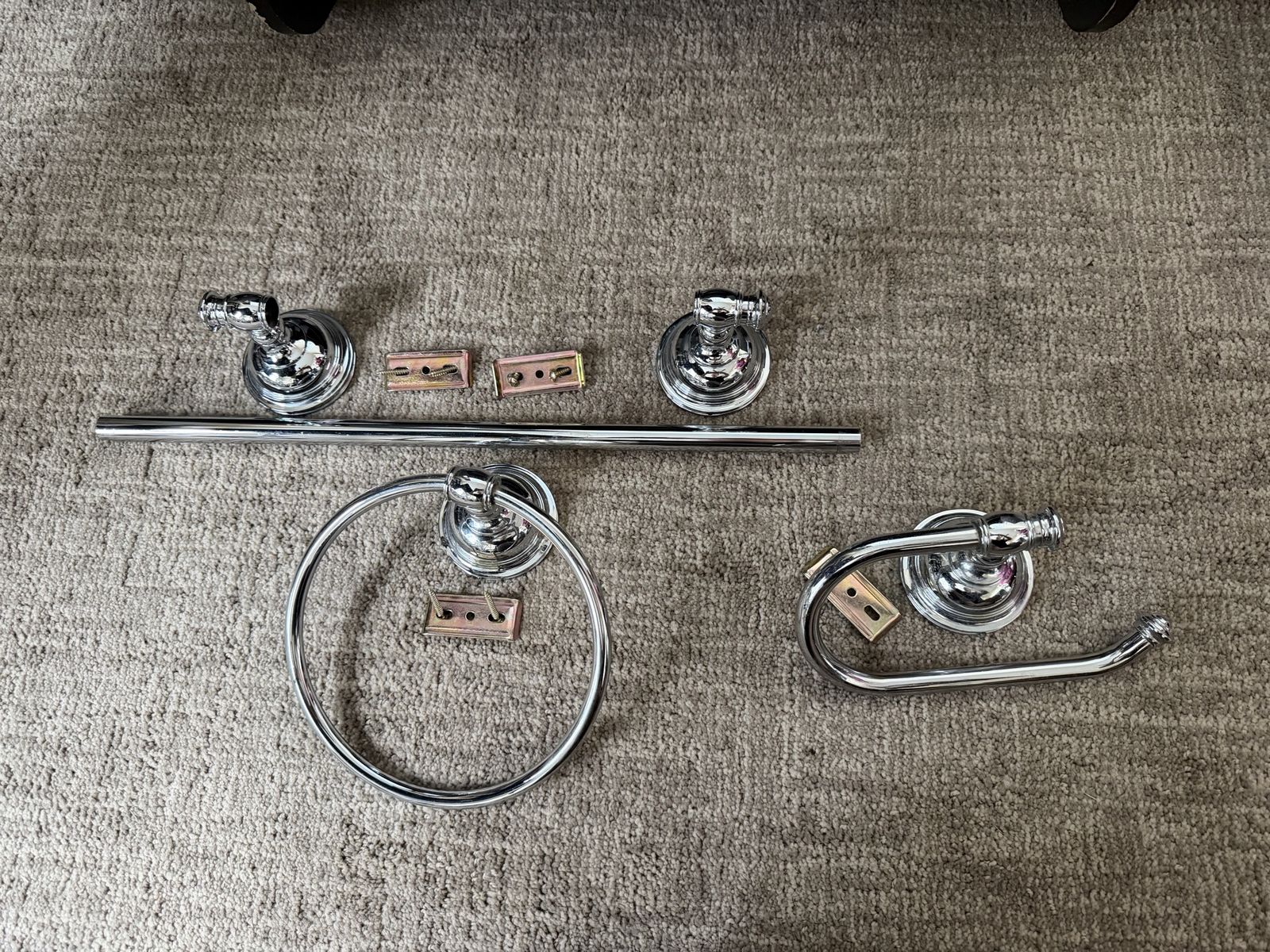 Chrome Bathroom Hardware Set Including Towel Bar Ring and Toilet Paper Holder
