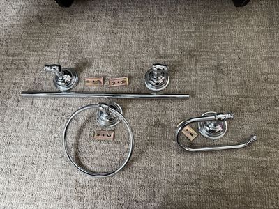 Chrome Bathroom Hardware Set Including Towel Bar Ring and Toilet Paper Holder