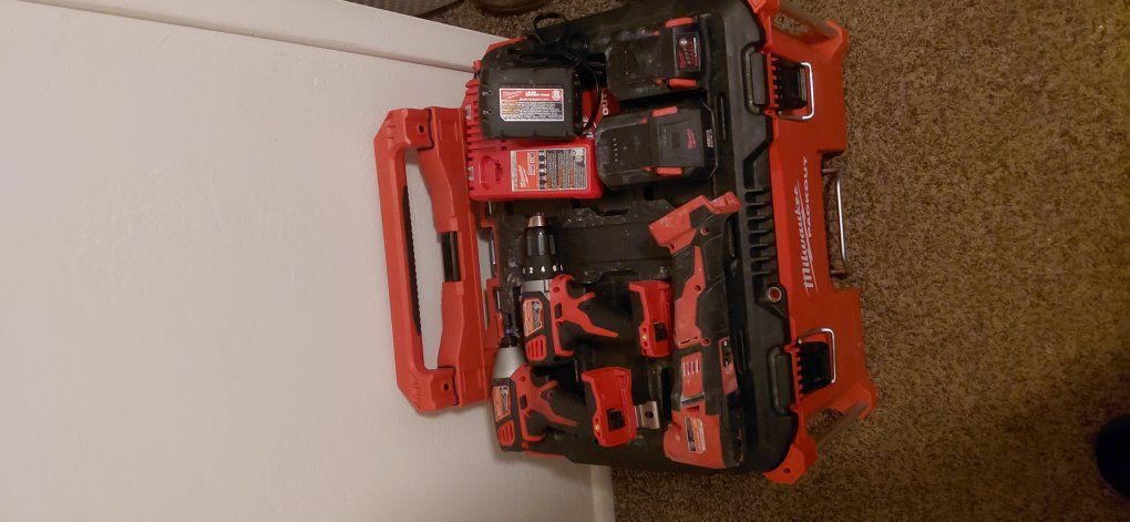 milwaukee pack out w/ drills and multi tool.
