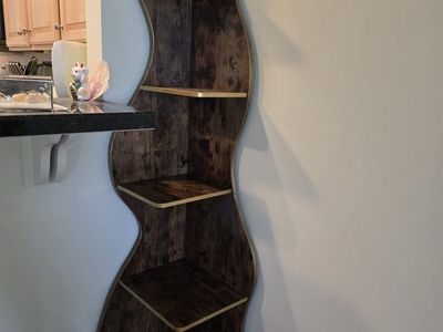 Modern Curved Rustic Brown Corner Bookshelf with Gold Trim