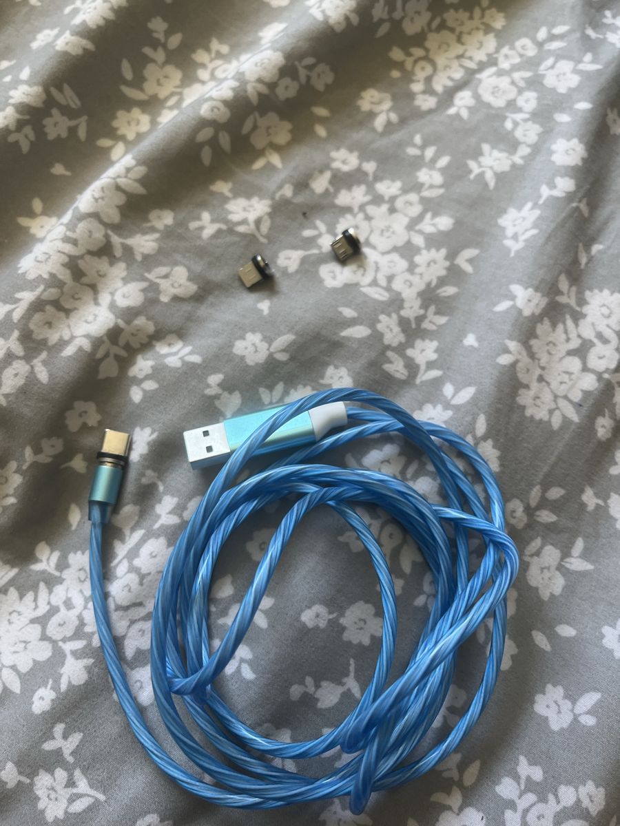 Magnetic Charging Cable with Micro USB & USB-C Adapters - Blue LED Light Up, 3-in-1