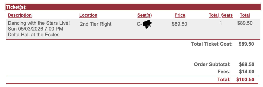 Two Single Tickets Dancing with the Stars - 5/3 7PM 2nd Row