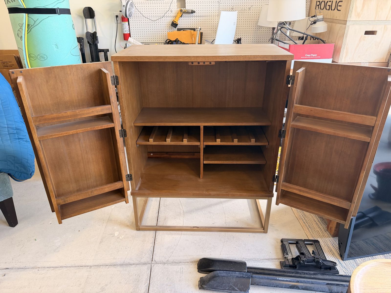 Mid-Century Bar Cabinet — Chevron Wood, Brass Base, Wine Rack