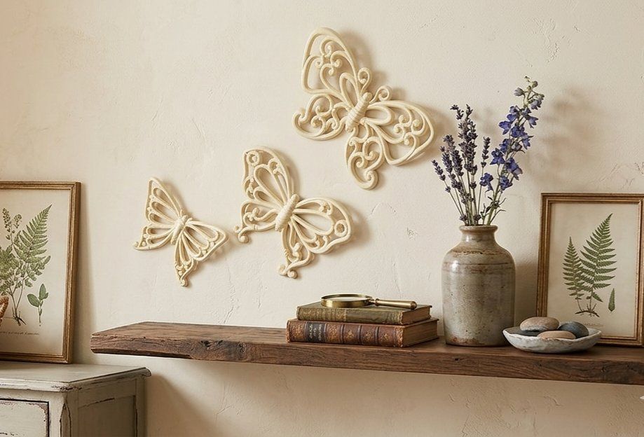 Vintage HOMCO [Beige] Butterfly Wall Decor Set (3 Pieces) – Retro Faux Cane/Rattan Style MCM cottagecore