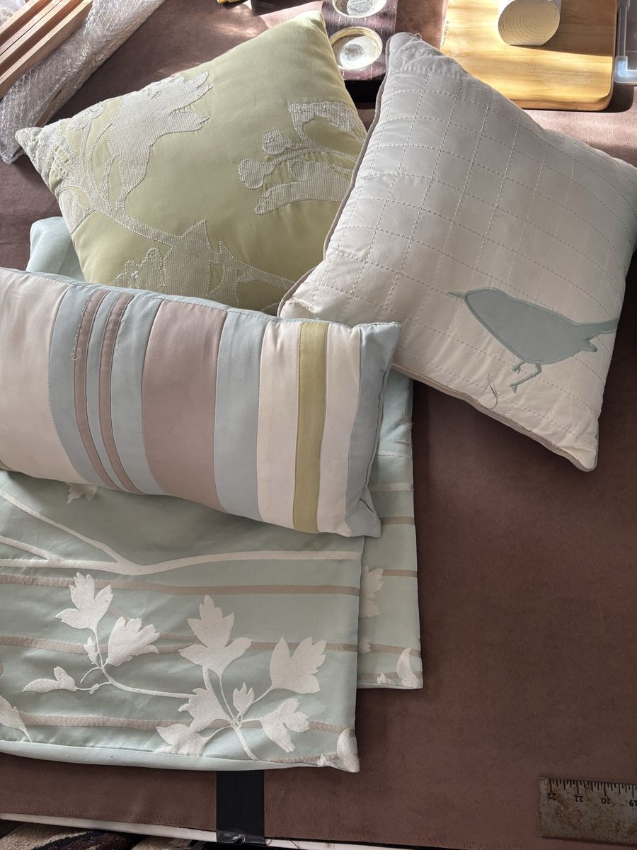 Assorted Decorative Pillows and Fabric Set with Floral and Bird Motifs
