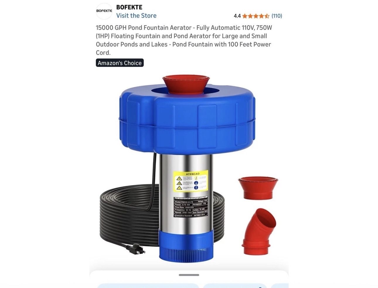 Pond Pump/ Aerator 110v   100 Ft Cord with tie Out