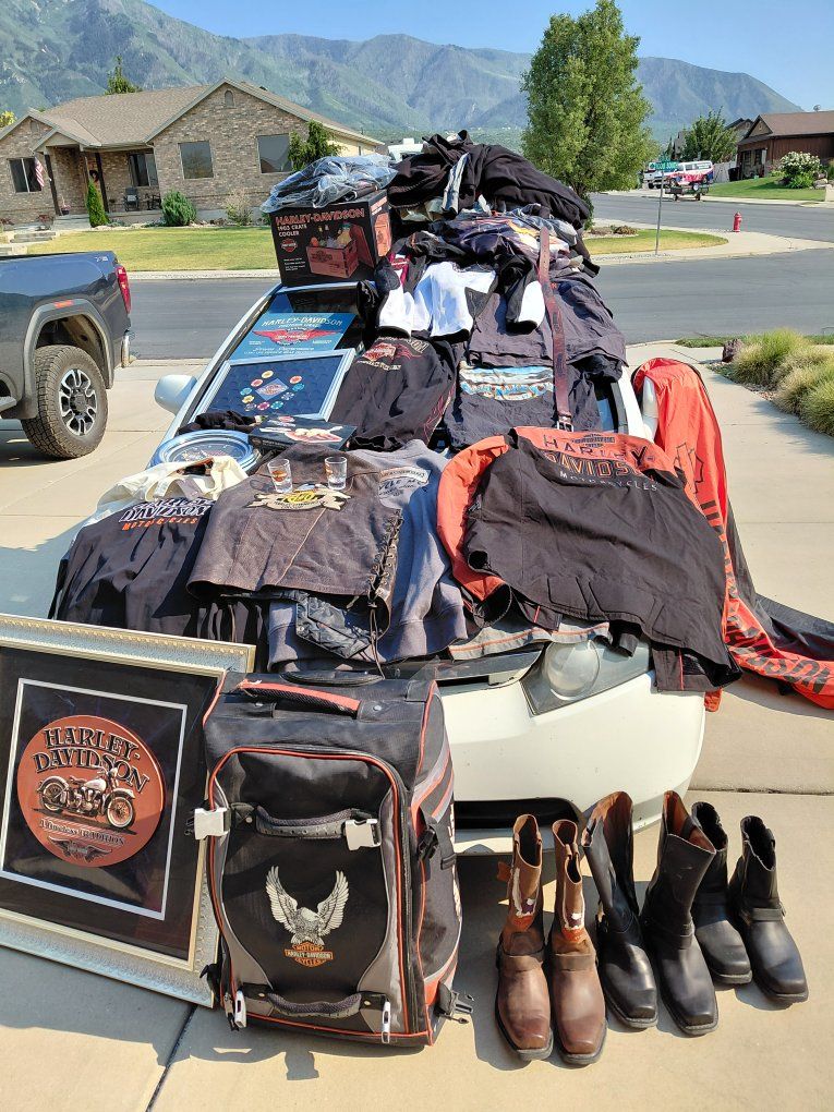 Harley-Davidson Clothing & Memorabilia Lot - Jackets, Shirts, Boots, Vest, Cooler, Wall Clock