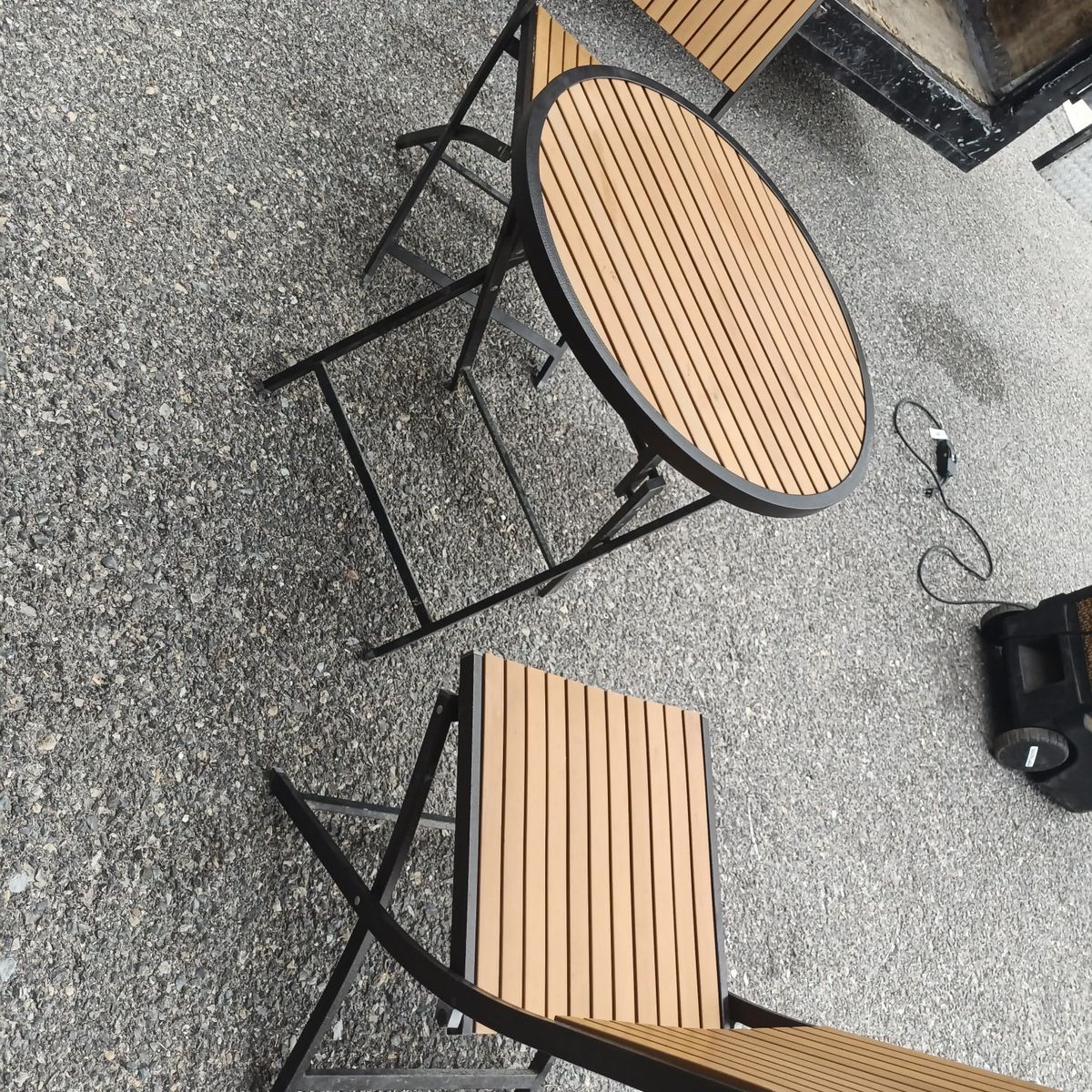 Patio Bistro Set - Outdoor Folding Table & 2 Chairs - Brown Slats, Black Metal Frame