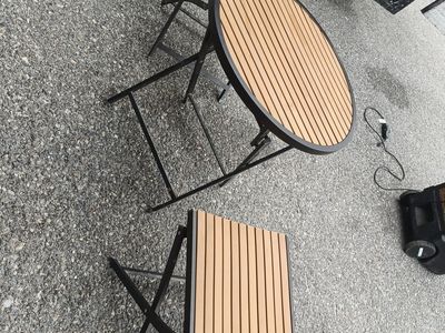 Patio Bistro Set - Outdoor Folding Table & 2 Chairs - Brown Slats, Black Metal Frame