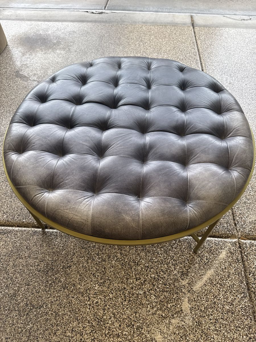 Stylish Tufted Grey Leatherette Ottoman with Gold Metal Frame - Round Accent Piece