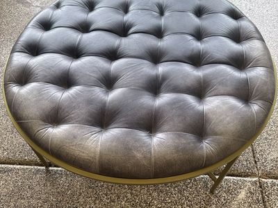 Stylish Tufted Grey Leatherette Ottoman with Gold Metal Frame - Round Accent Piece